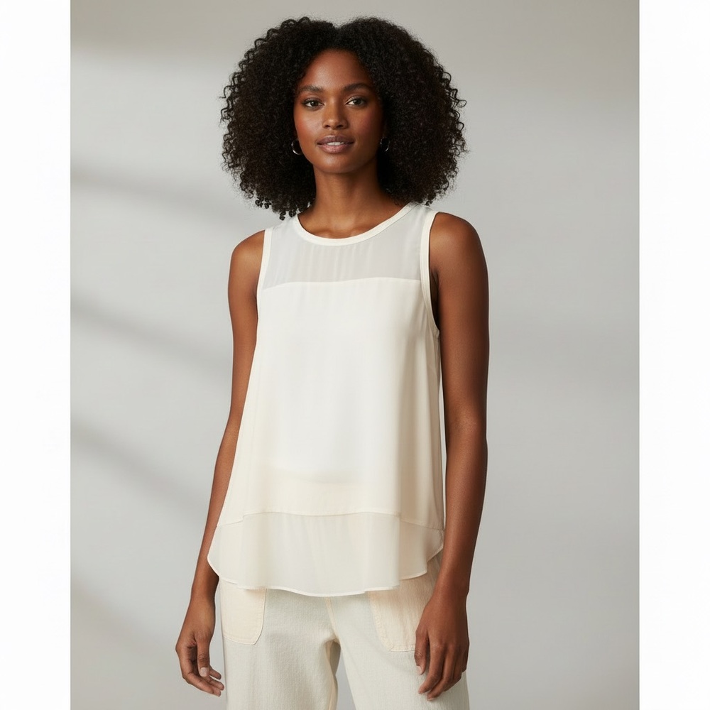 Vince Camuto Sleeveless Chiffon Blouse w/ Stretch Panel Ivory Cream Size M